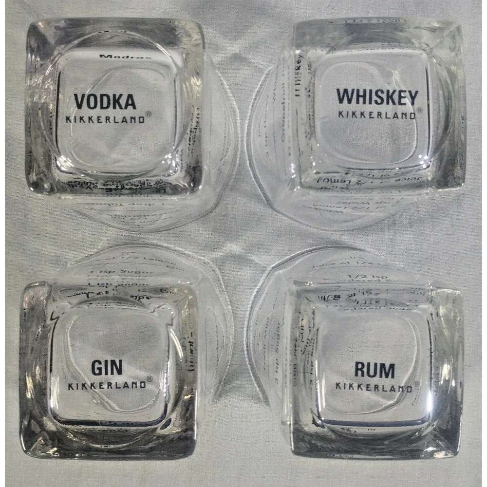 Set of 4 Kikkerland Rocks Glasses Cocktail Recipes Rum Whiskey Gin Vodka